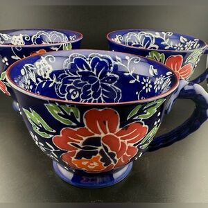 3 Yokohama Studio hand-painted floral mug in navy blue ceramic w/a raised design